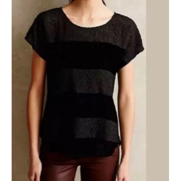 Anthropologie Women's Size S Dolan Lace Velvet Blouse Top Black Short Sleeve - Picture 2 of 7